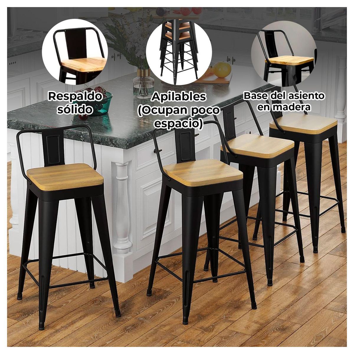 GLOBAL LATIN GROUP - Pack 4 Taburete Metálico con Asiento de Madera Ideal para Barra