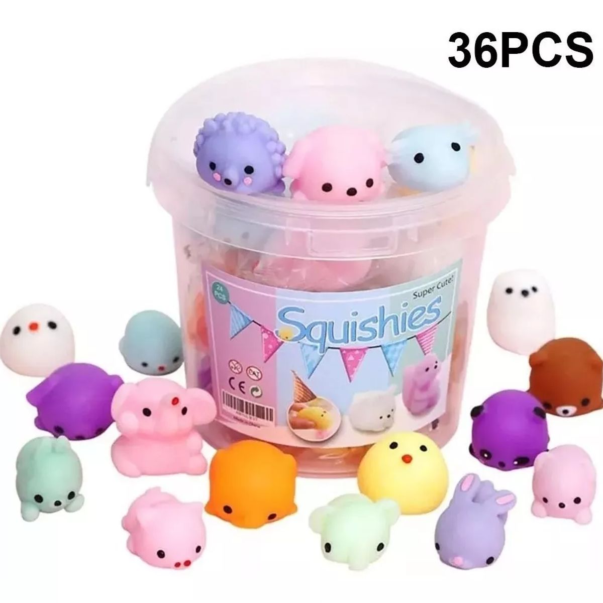 TIOZONEY - Pack Balde 36 Unidades Squishys Antiestrés Juguete Surtidos