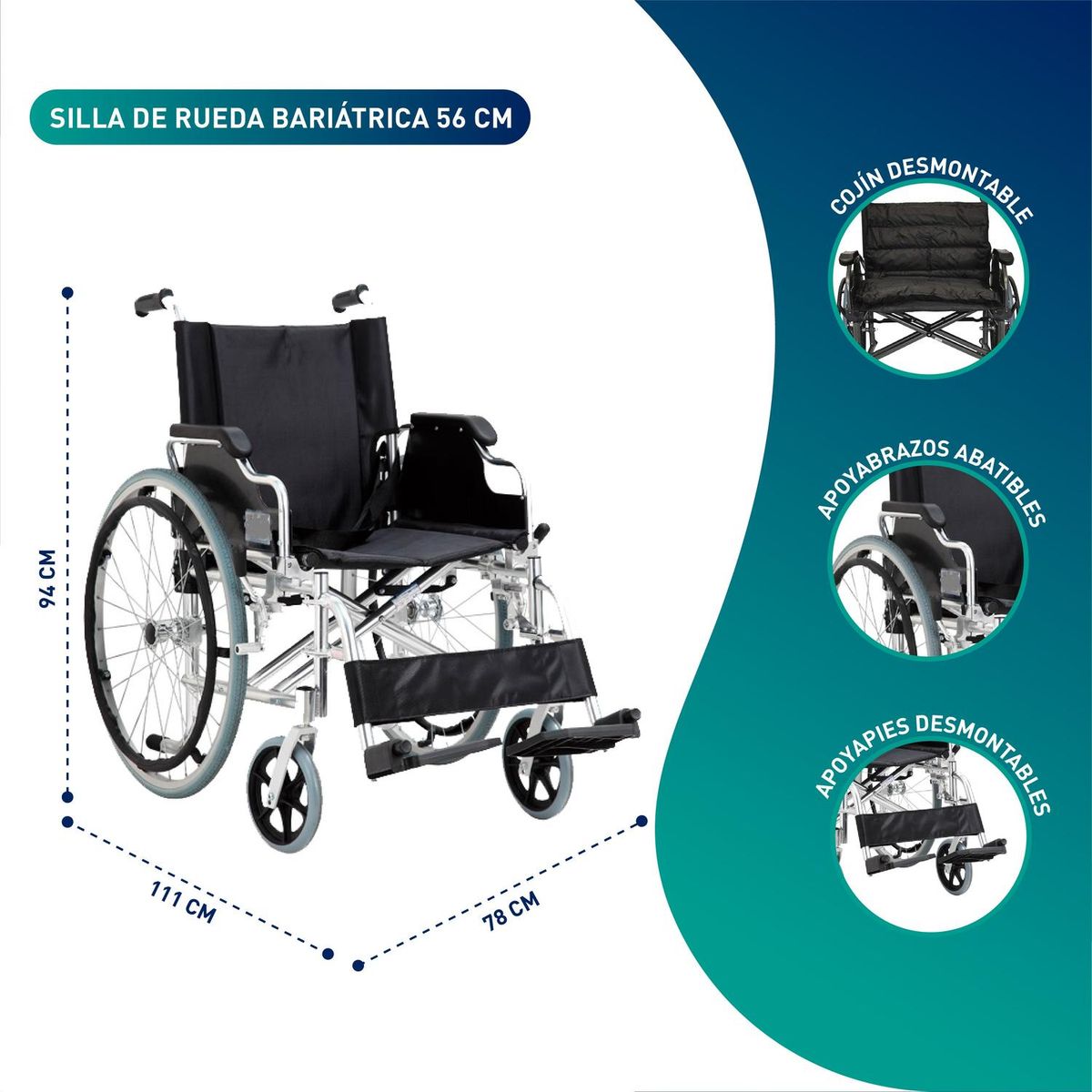 GLOMED - Silla De Ruedas Sobrepeso Bariatrica Comfort 56cm GLOMED