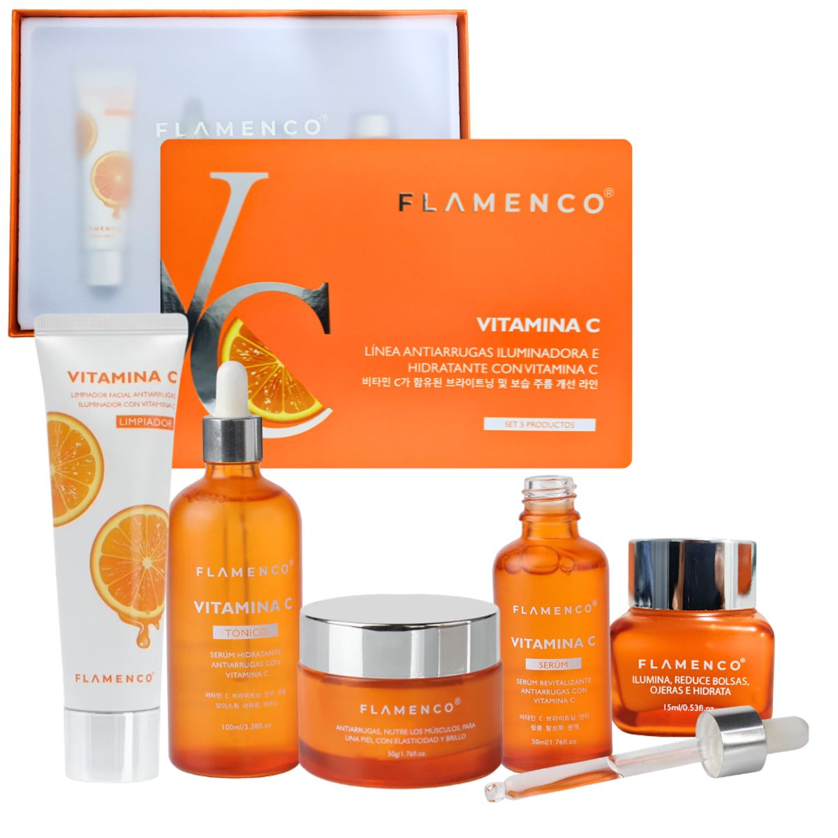 FLAMENCO - Set Cuidado Facial Vitamina C Iluminador Serum tónico crema