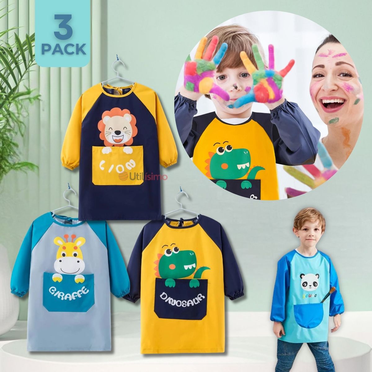 UTILISIMO - Pack 3 Delantal Infantil Niño Manga Larga Con Bolsillo Colores Surtido