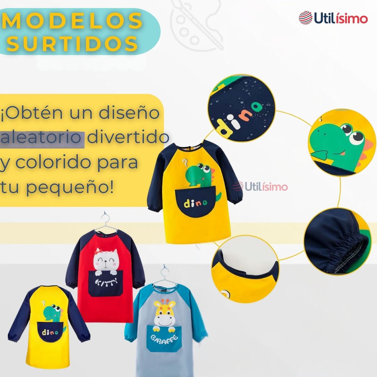 UTILISIMO - Pack 3 Delantal Infantil Niño Manga Larga Con Bolsillo Colores Surtido