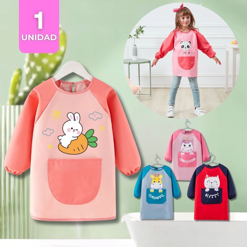 UTILISIMO - Delantal Infantil Niña Manga Larga Con Bolsillo Colores Surtidos