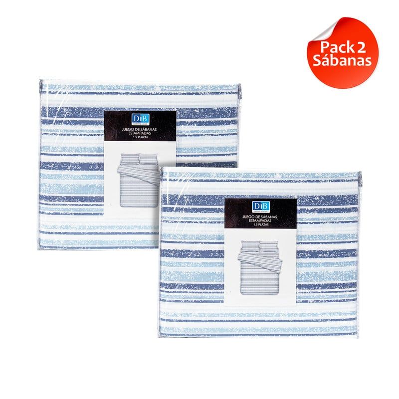 DIB - Pack 2 Sabanas Estampadas 15P Líneas Azul.