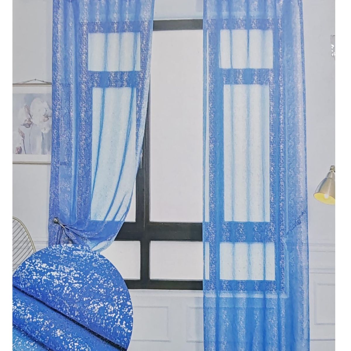 GENERICO - Set x 2 Velos Visillos Azules con Brillos Plateados 140x230 Cm. 2 Paños