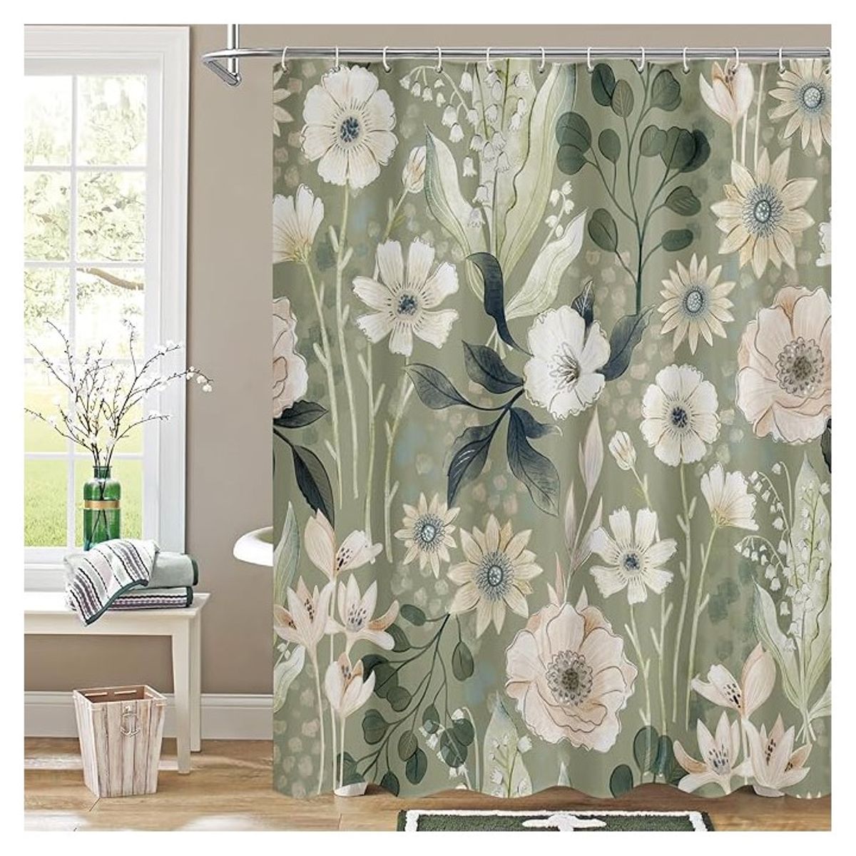 COMPRAPO - Cortina Baño Impermeable Flores y Oliva más + 12 Ganchos