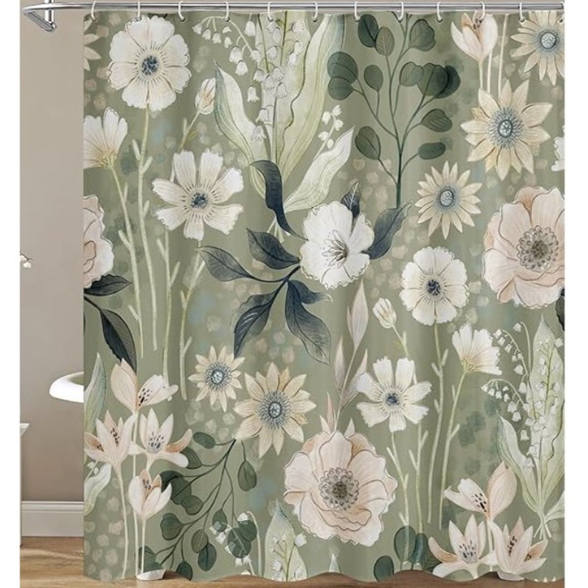 COMPRAPO - Cortina Baño Impermeable Flores y Oliva más + 12 Ganchos