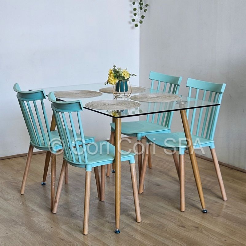 CORI CORI - Juego de Comedor Vidrio 120x80cm + 4 Sillas Windsor Menta