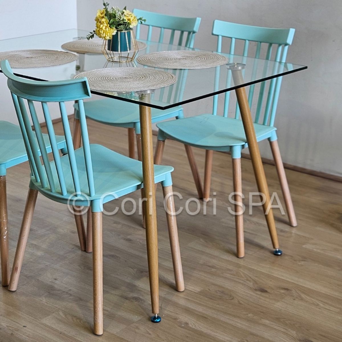 CORI CORI - Juego de Comedor Vidrio 120x80cm + 4 Sillas Windsor Menta…