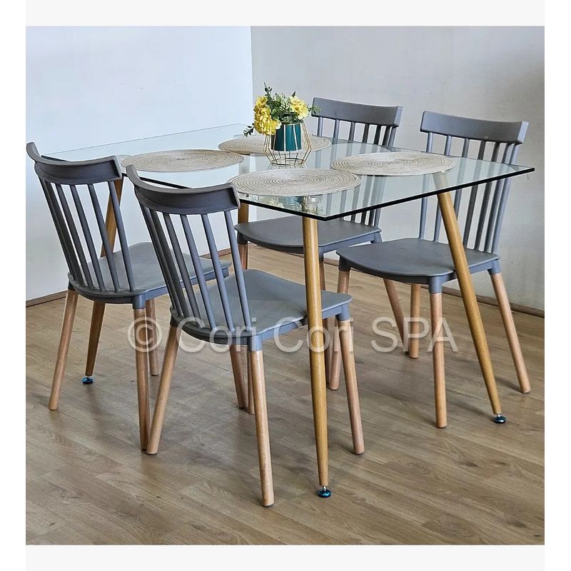 CORI CORI - Juego de Comedor Vidrio 120x80cm + 4 Sillas Windsor Gris