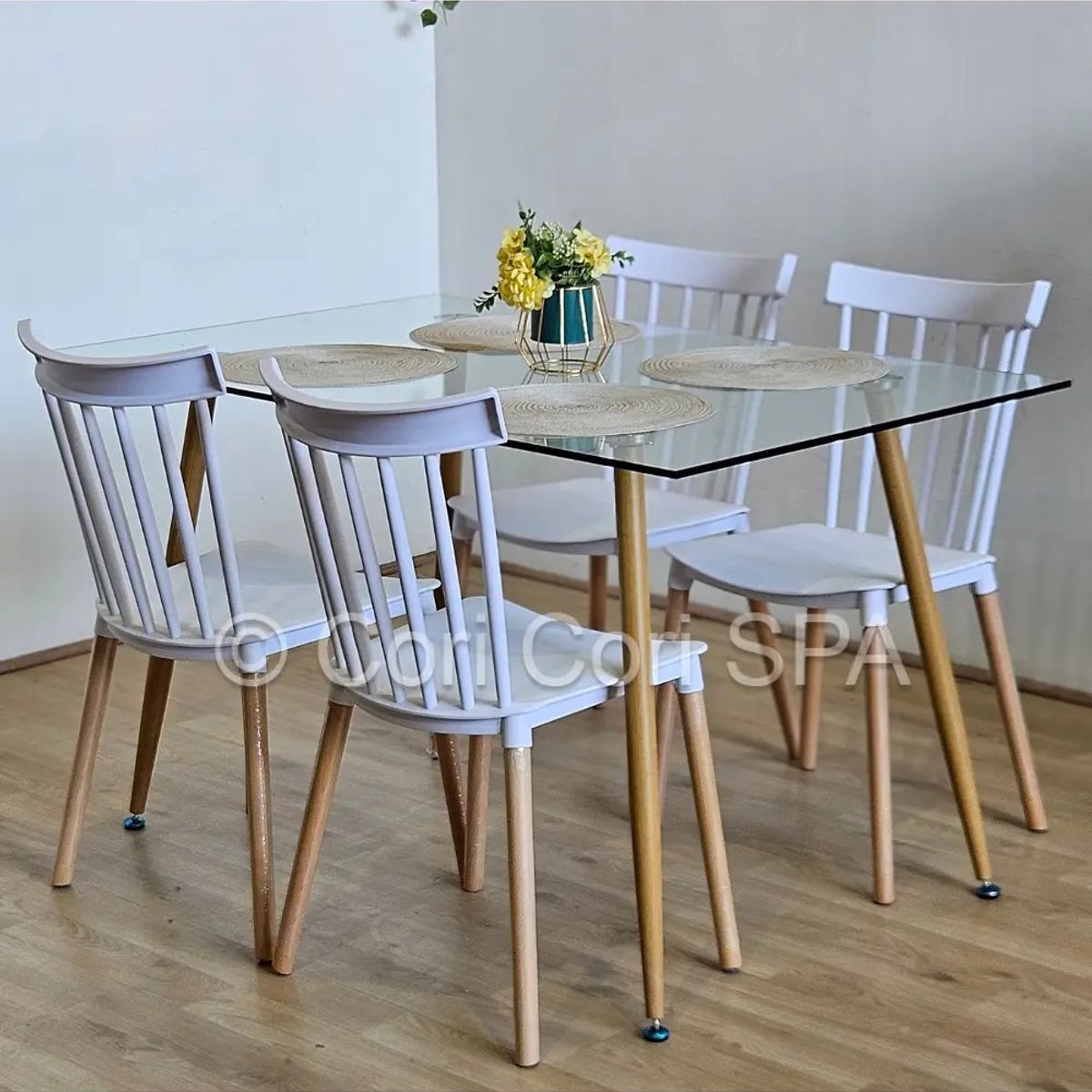 CORI CORI - Juego de Comedor Vidrio 120x80cm + 4 Sillas Windsor Blanco