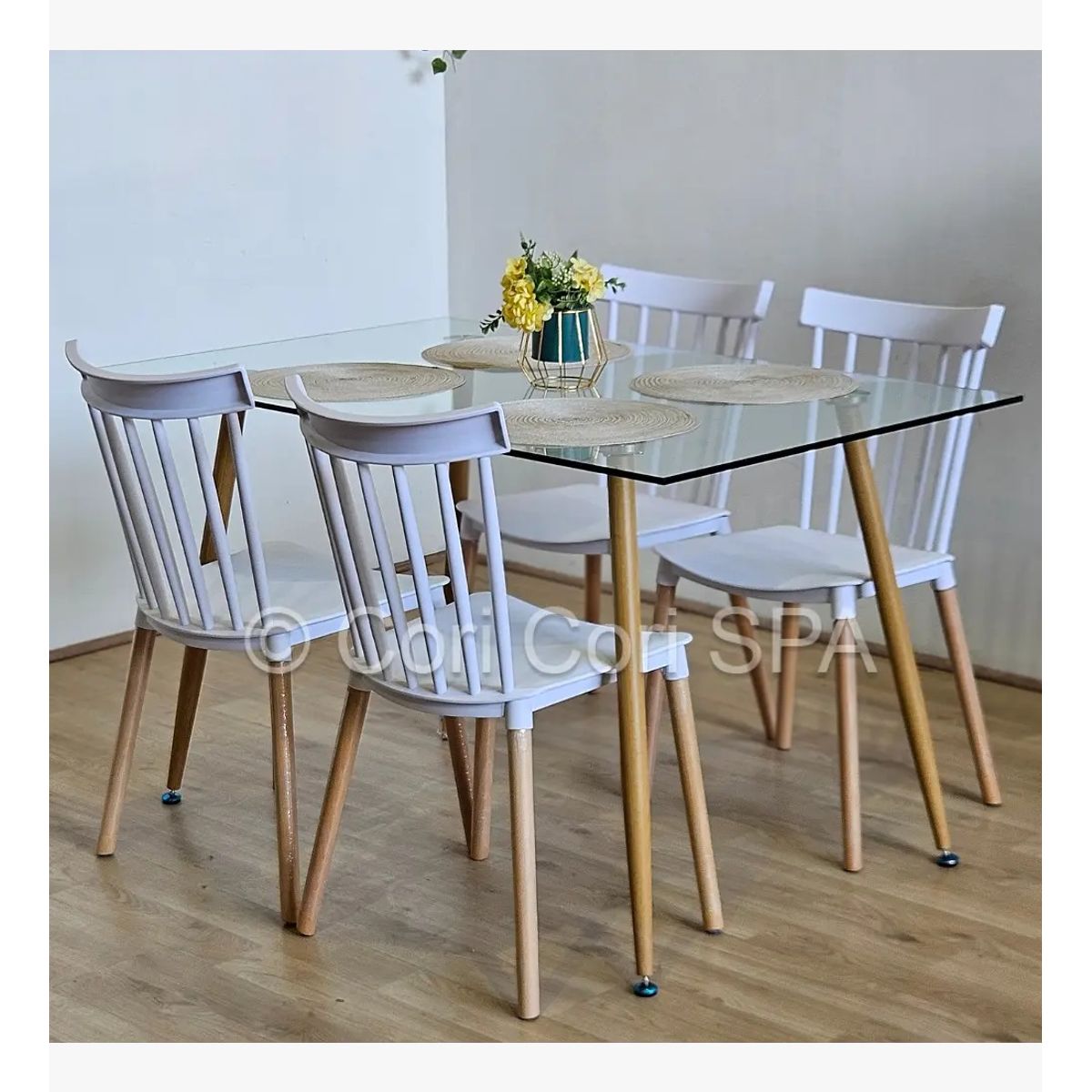 CORI CORI - Juego de Comedor Vidrio 120x80cm + 4 Sillas Windsor Blanco