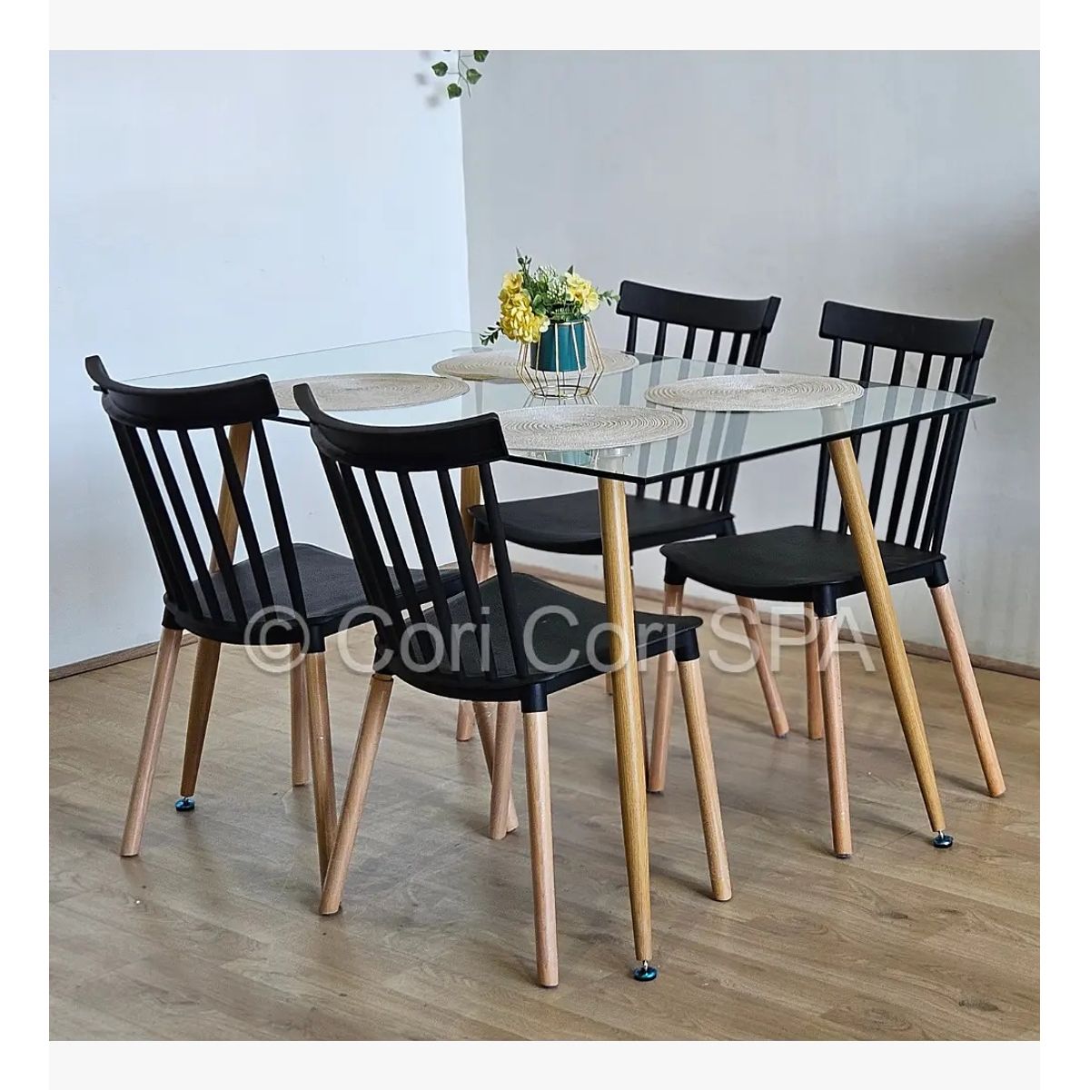 CORI CORI - Juego de Comedor Vidrio 120x80cm + 4 Sillas Windsor Negro