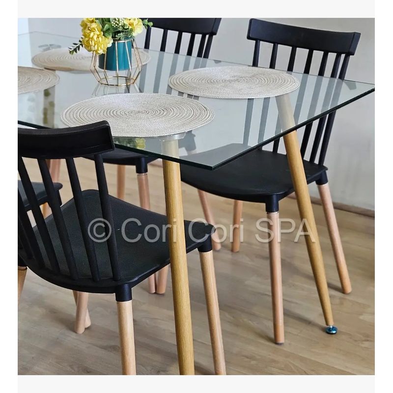 CORI CORI - Juego de Comedor Vidrio 130x80 cm + 4 Sillas Windsor Negro
