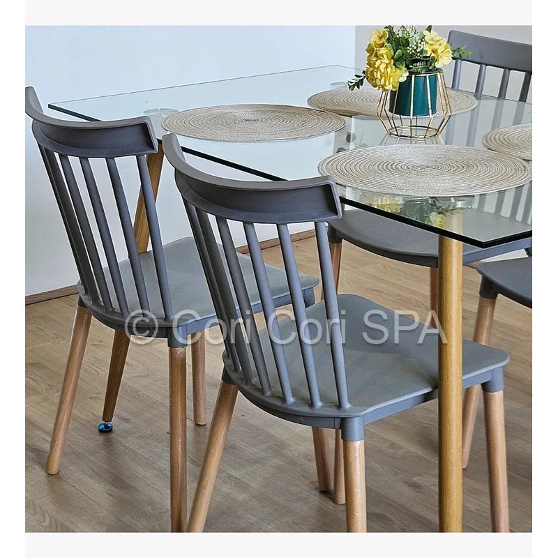 CORI CORI - Juego de Comedor Vidrio 130x80 cm + 4 Sillas Windsor Gris