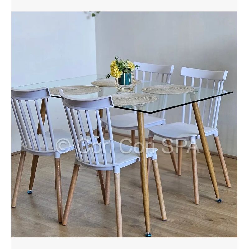 CORI CORI - Juego de Comedor Vidrio 130x80 cm + 4 Sillas Windsor Blanco