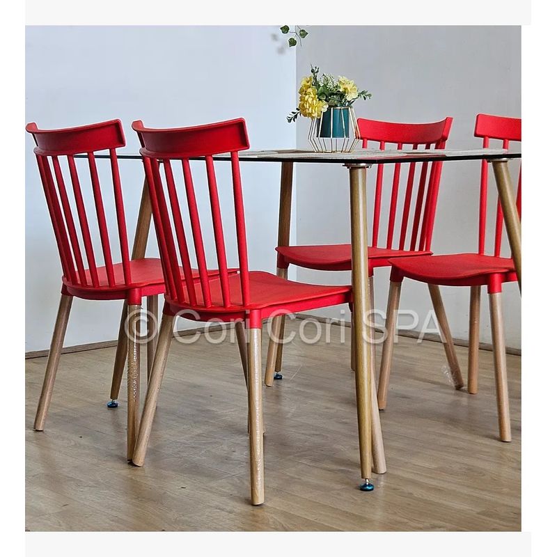 CORI CORI - Juego de Comedor Vidrio 130x80 cm + 4 Sillas Windsor Rojo