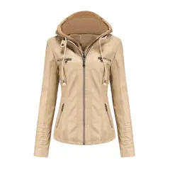 RURUTOTO - Chaqueta PU Con capucha Para Mujer Beige.
