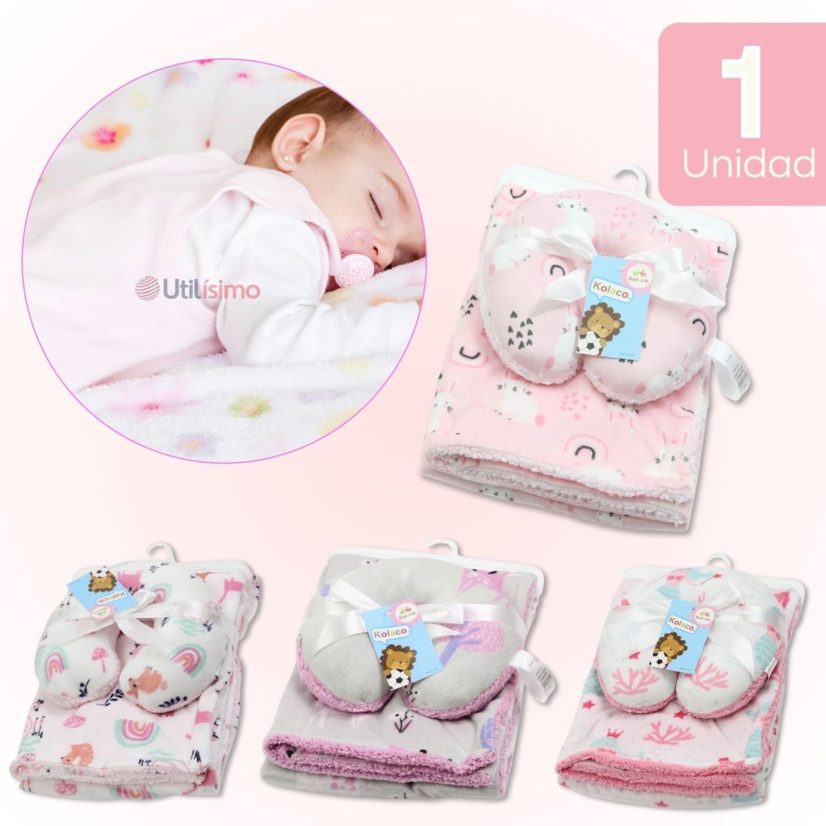 UTILISIMO - Set Manta Frazada Polar Para Bebé Niña + Cojín Para Cuello Surtidos