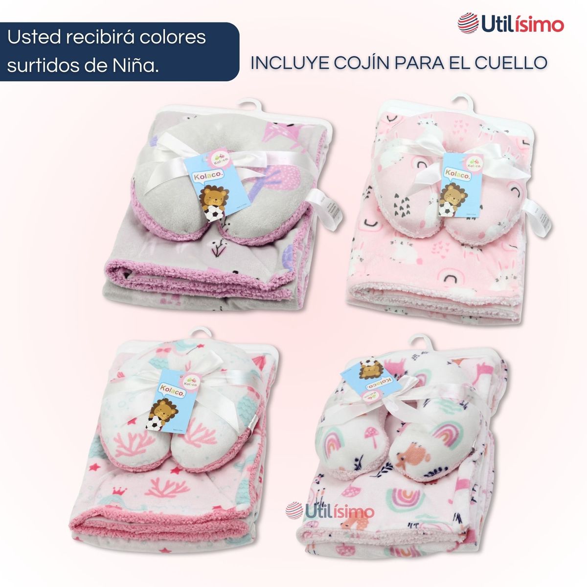 UTILISIMO - Set Manta Frazada Polar Para Bebé Niña + Cojín Para Cuello Surtidos