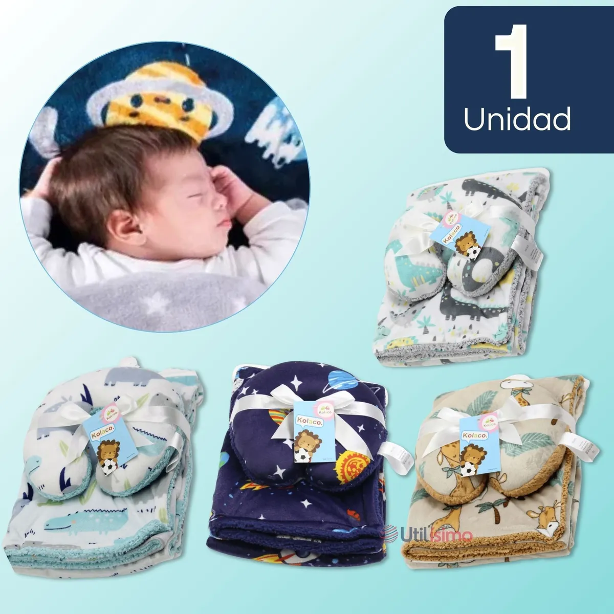 UTILISIMO - Set Manta Frazada Polar Para Bebé Niño + Cojín Para Cuello Surtidos