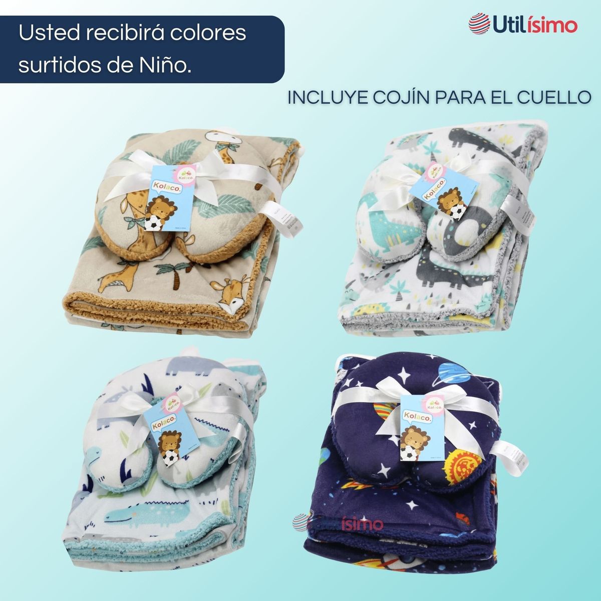 UTILISIMO - Set Manta Frazada Polar Para Bebé Niño + Cojín Para Cuello Surtidos