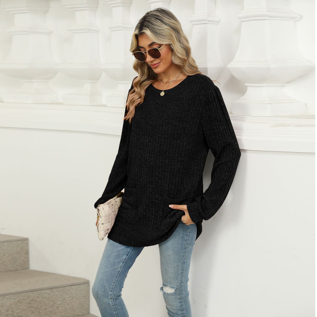TIOZONEY - Cuello redondo de mujer y manga larga