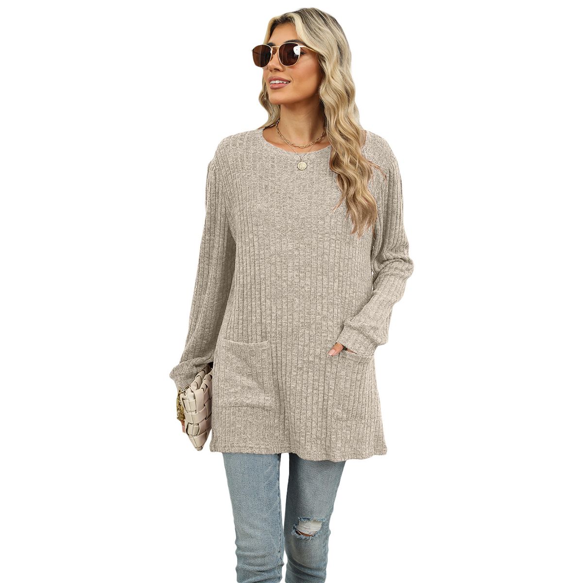 TIOZONEY - Cuello redondo de mujer y manga larga