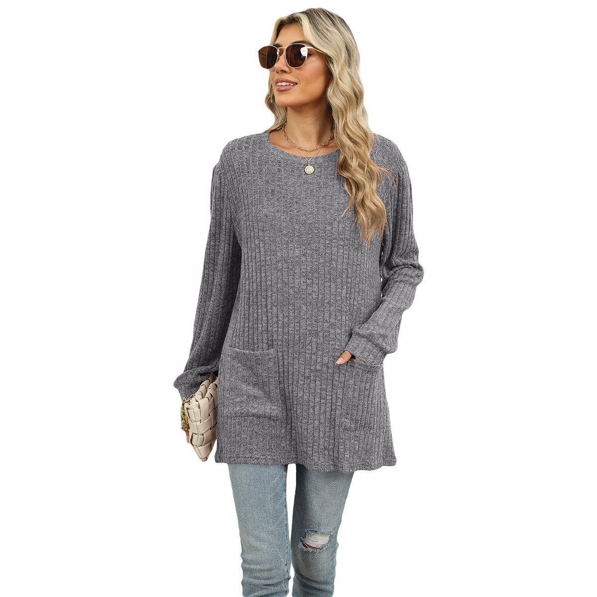 TIOZONEY - Cuello redondo de mujer y manga larga