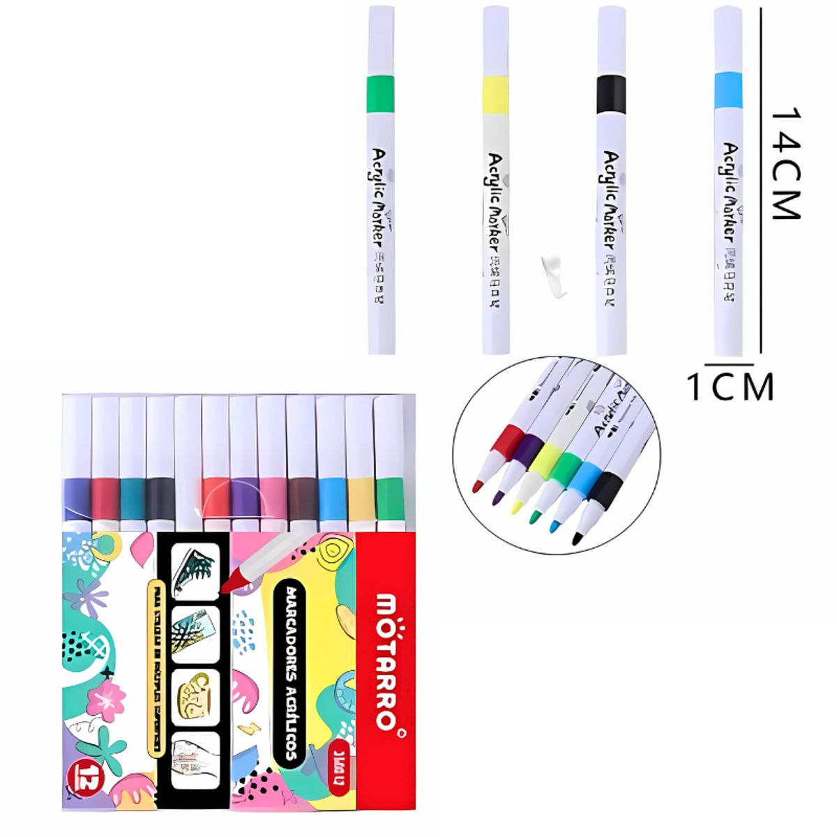 MOTARRO - Plumones Acrílicos 12 Colores Para Toda Superficie