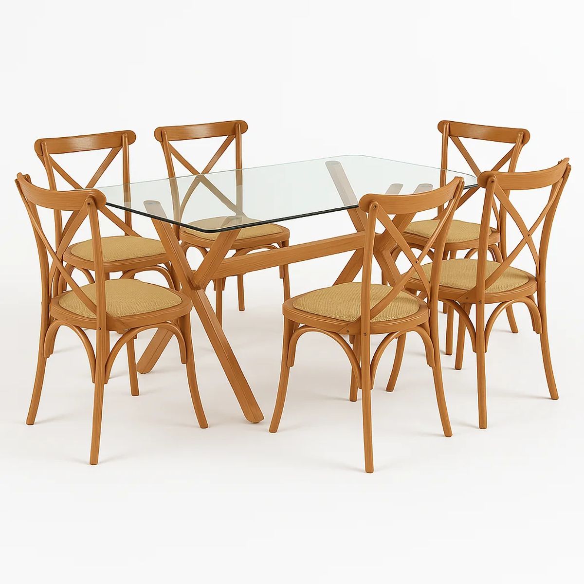 KLIK - Comedor mesa de vidrio cross 140x90 + 6 sillas Crossback Madera