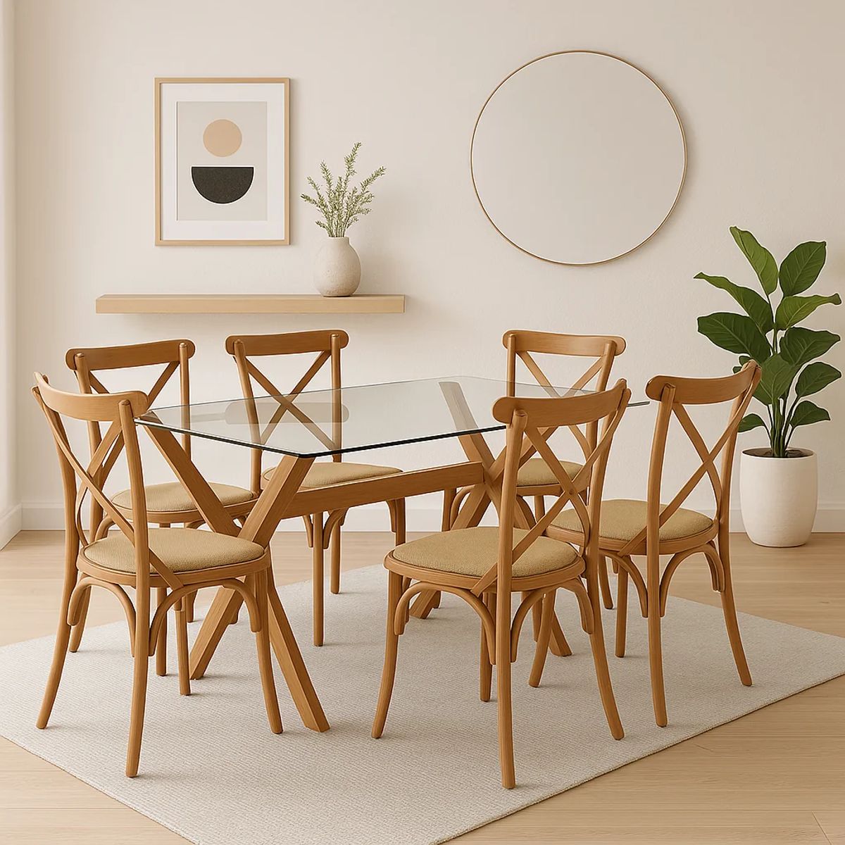 KLIK - Comedor mesa de vidrio cross 140x90 + 6 sillas Crossback Madera