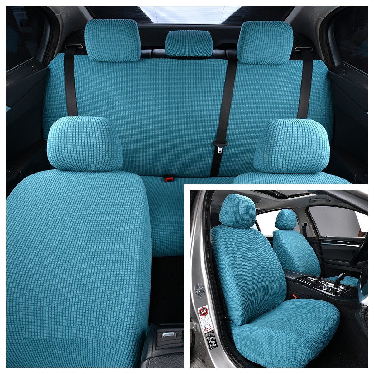 GENERICO - FUNDA CUBRE ASIENTO DE AUTOS SET DE 3 PZA CUADRILLE CELESTE