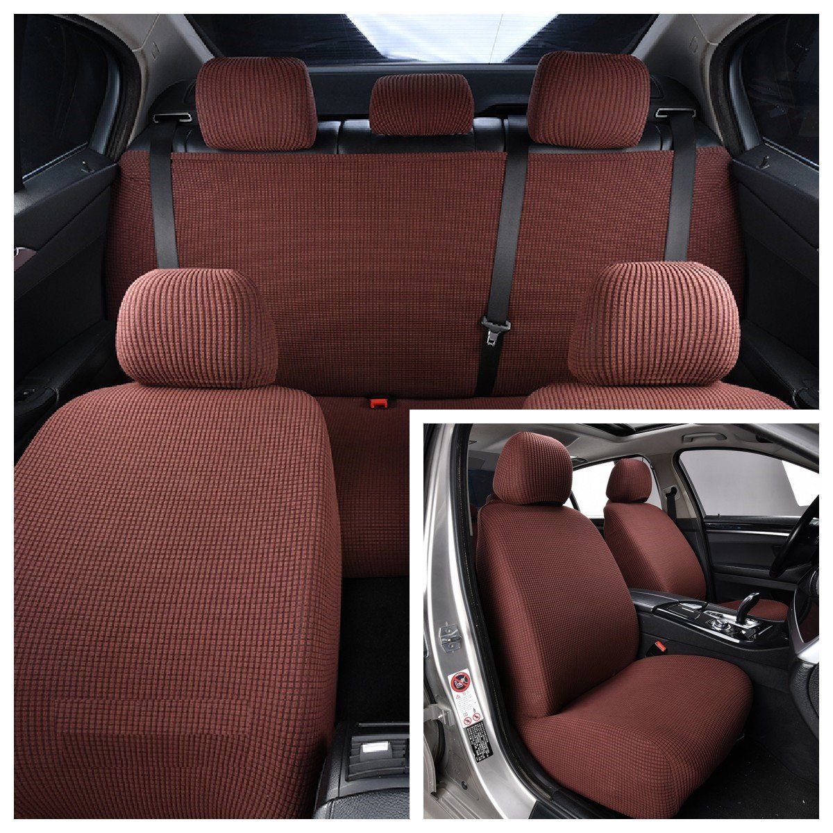 GENERICO - FUNDA CUBRE ASIENTO DE AUTOS SET DE 3 PZA CUADRILLE CAFE