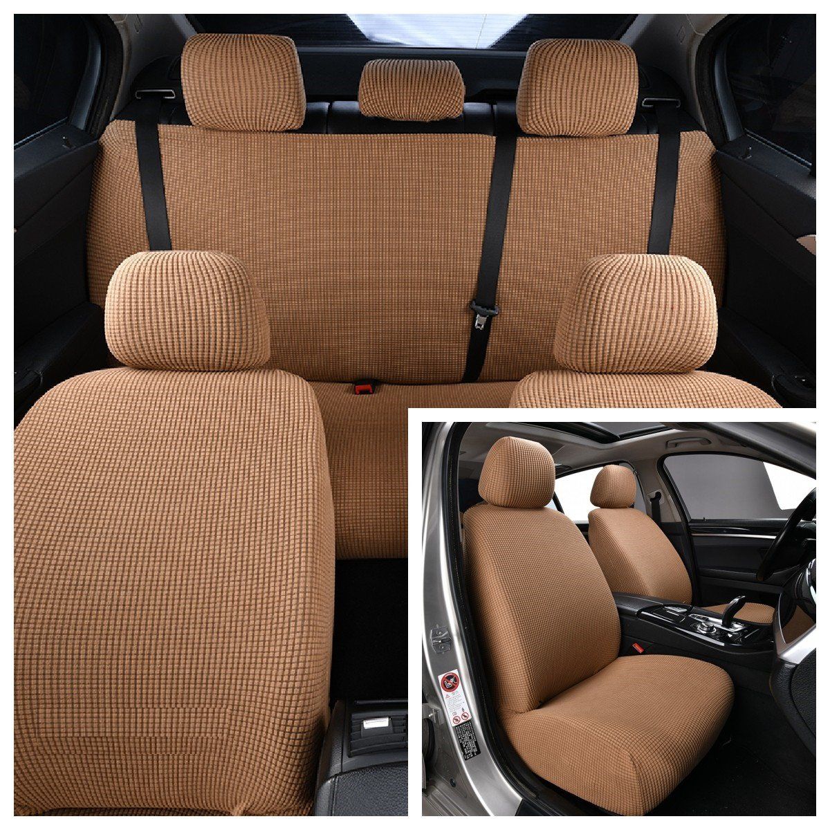 GENERICO - FUNDA CUBRE ASIENTO DE AUTOS SET DE 3 PZA CUADRILLE MARRON