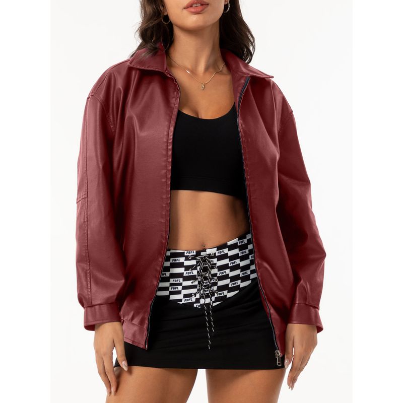 TIOZONEY - Chaqueta de piel con solapa- Rojo