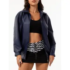 TIOZONEY - Chaqueta de piel con solapa- Azul