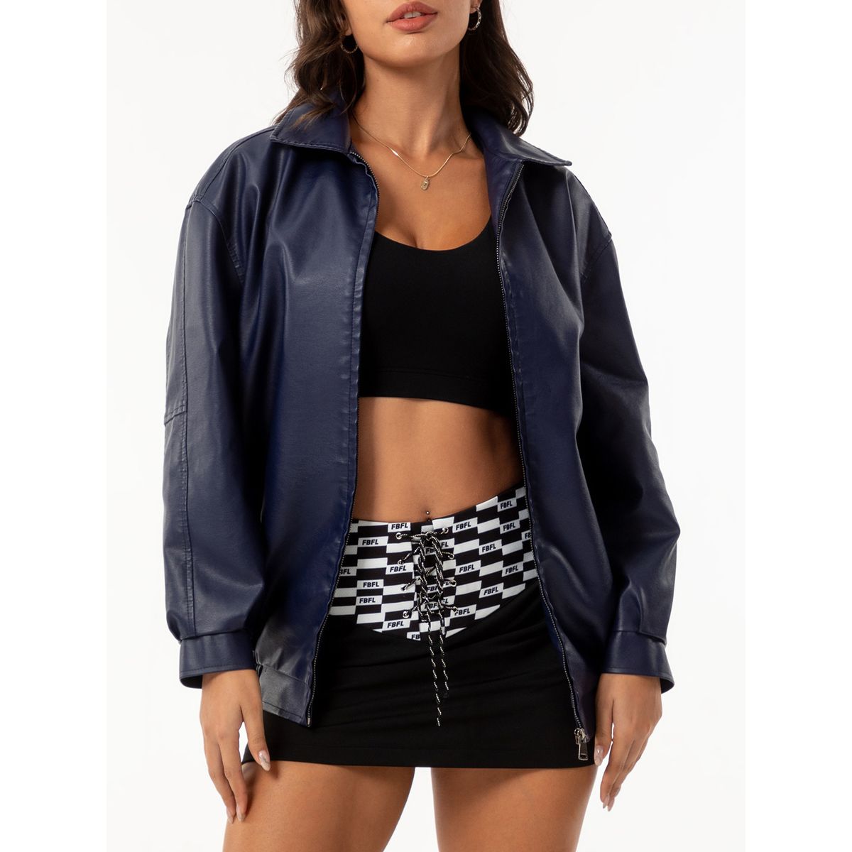 TIOZONEY - Chaqueta de piel con solapa- Azul