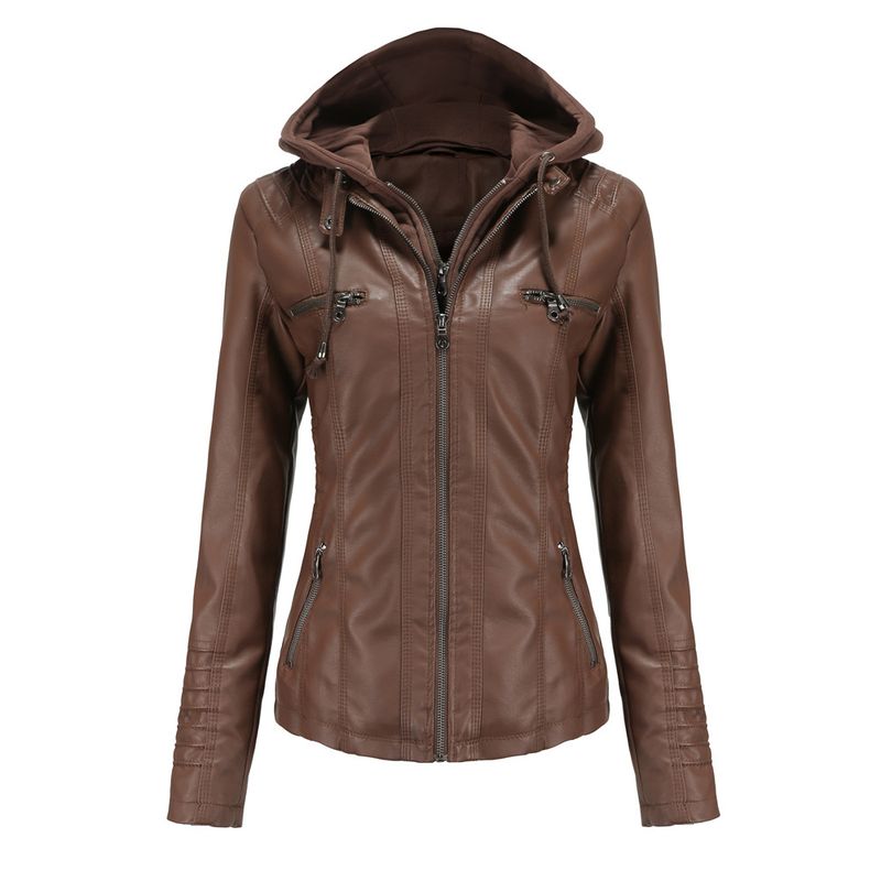 TIOZONEY - Chaqueta de PU con gorro para mujer - Café