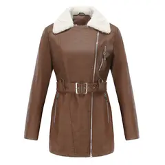 TIOZONEY - Abriigo de PU acolchada con cinturón para mujer - Café