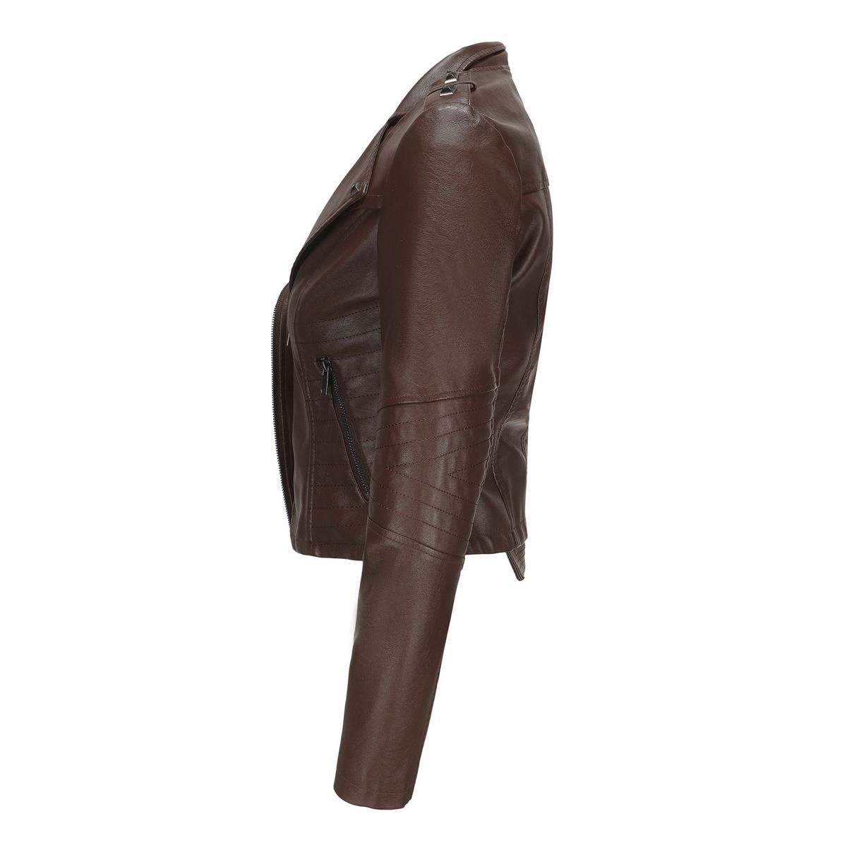 TIOZONEY - Chaqueta de PU de manga larga con tachas para mujer -Café