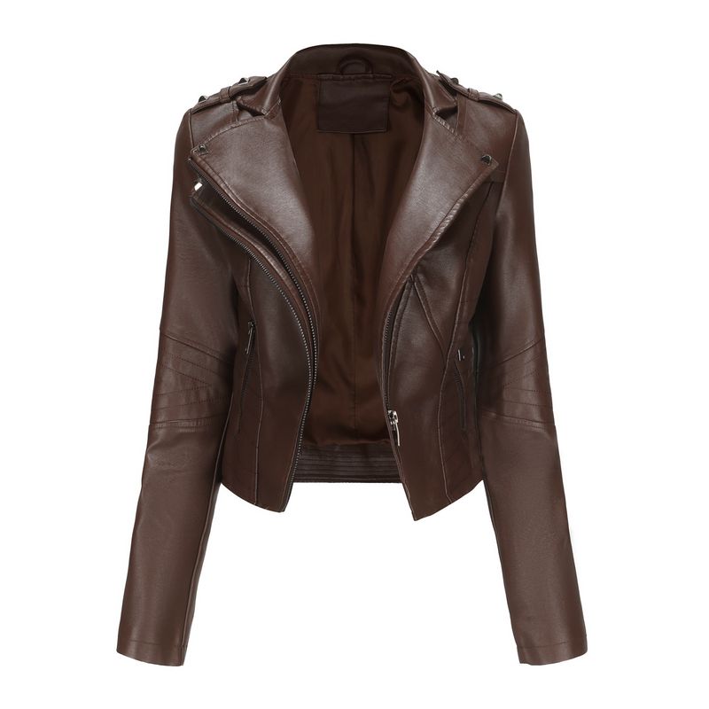 TIOZONEY - Chaqueta de PU de manga larga con tachas para mujer -Café