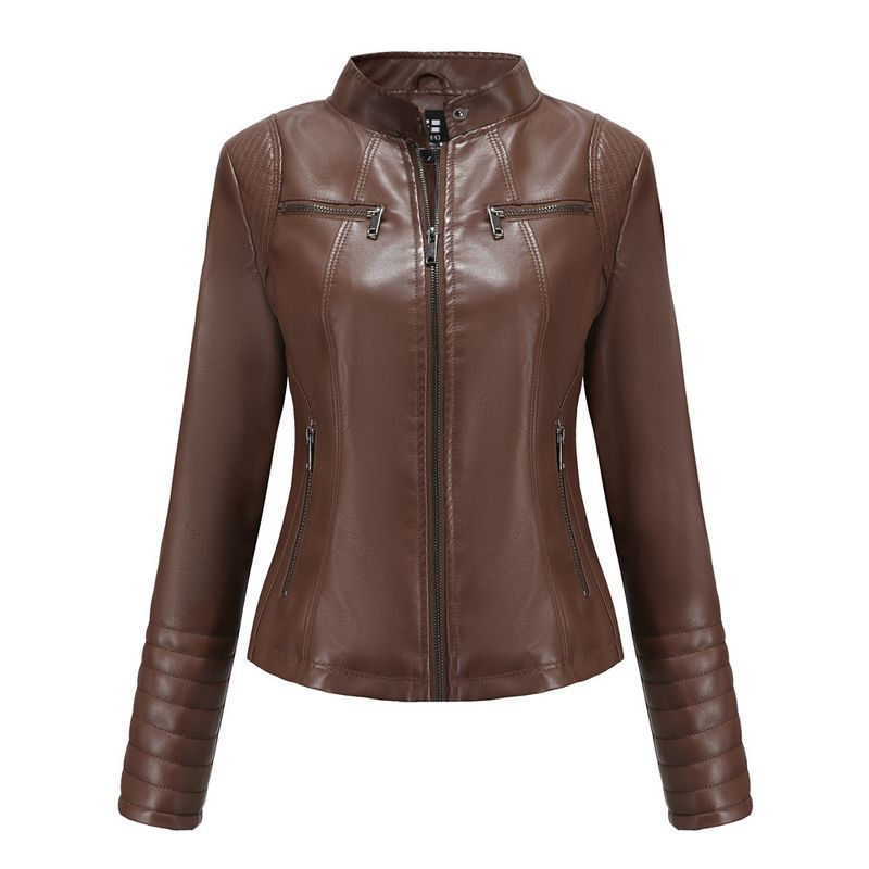 TIOZONEY - Chaqueta de PU casual PU cuello alto - Café