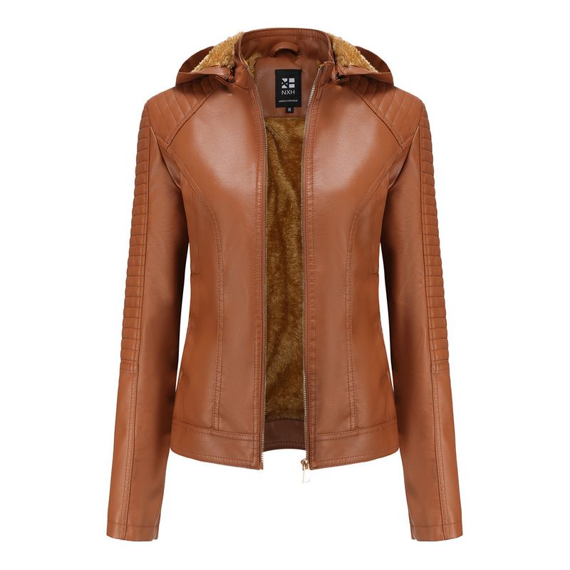 TIOZONEY - Chaqueta de PU para mujer PU cálida para mujer - Café Claro
