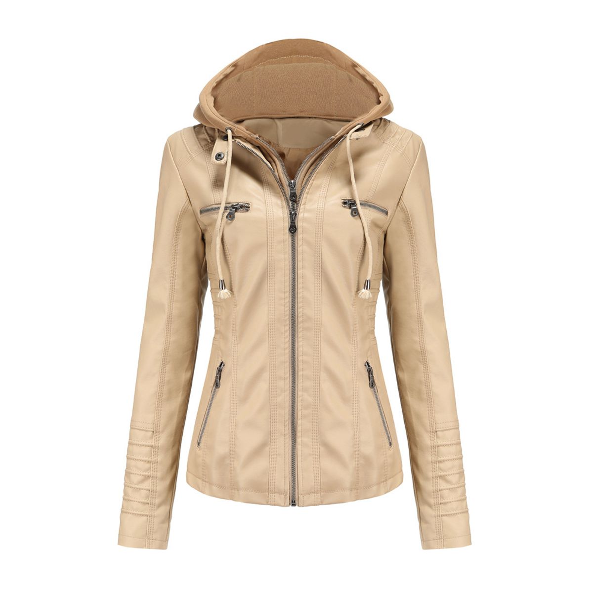TIOZONEY - Chaqueta de PU con gorro para mujer - Beige