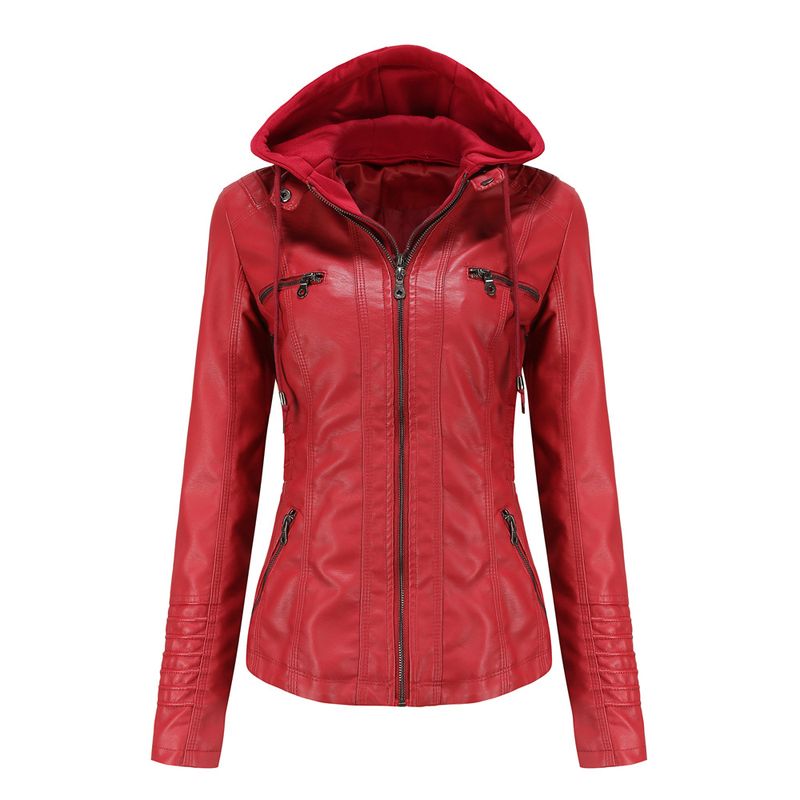 TIOZONEY - Chaqueta de PU con gorro para mujer - Rojo