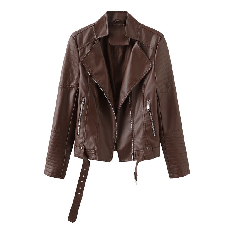 TIOZONEY - Chaqueta de PU con cuello en V de mujer - Café