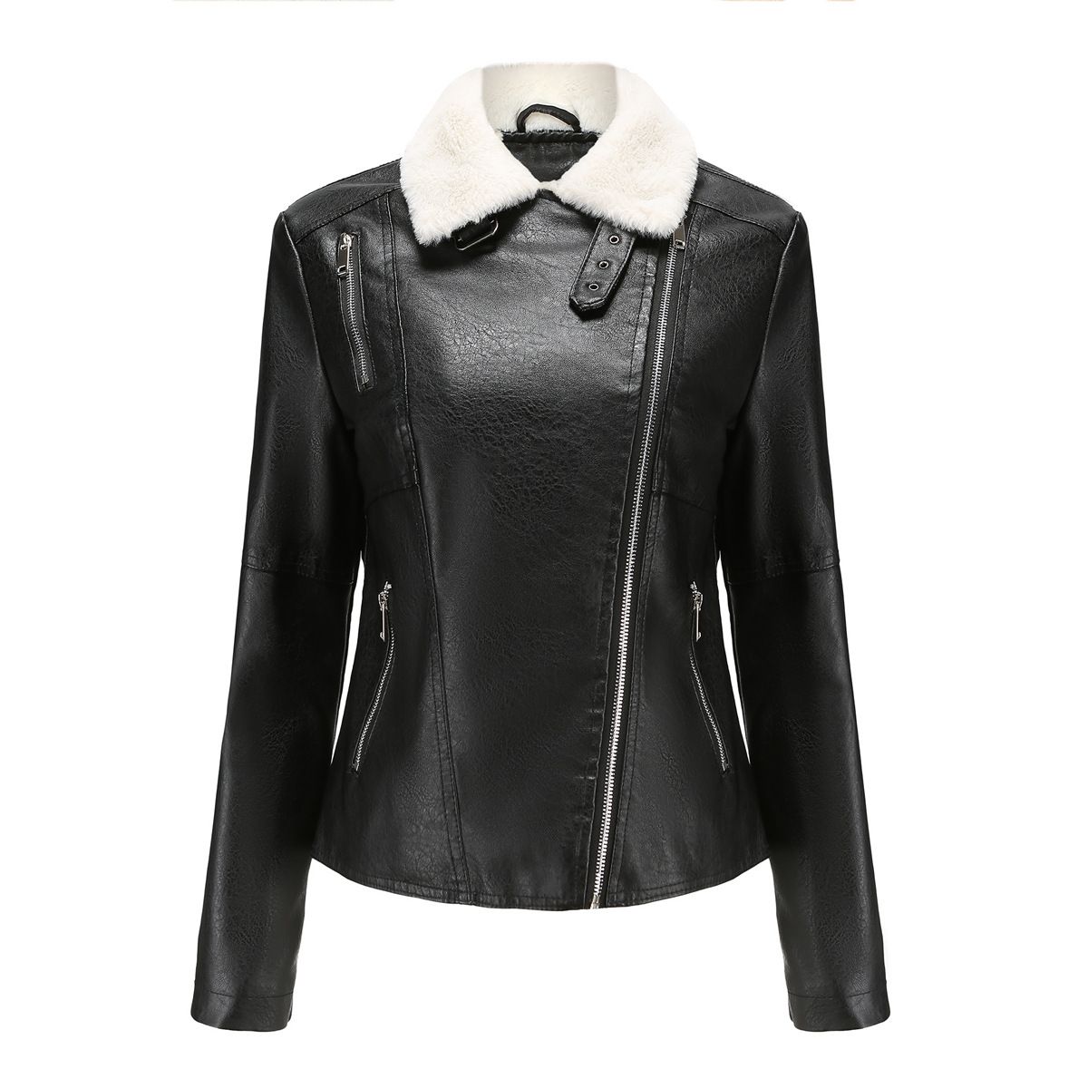 TIOZONEY - Chaqueta de PU con cuello cálido para mujer - Negro