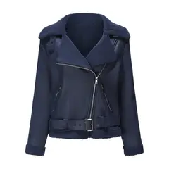 TIOZONEY - Chaqueta cálida de PU con cinturón para mujer - Azul