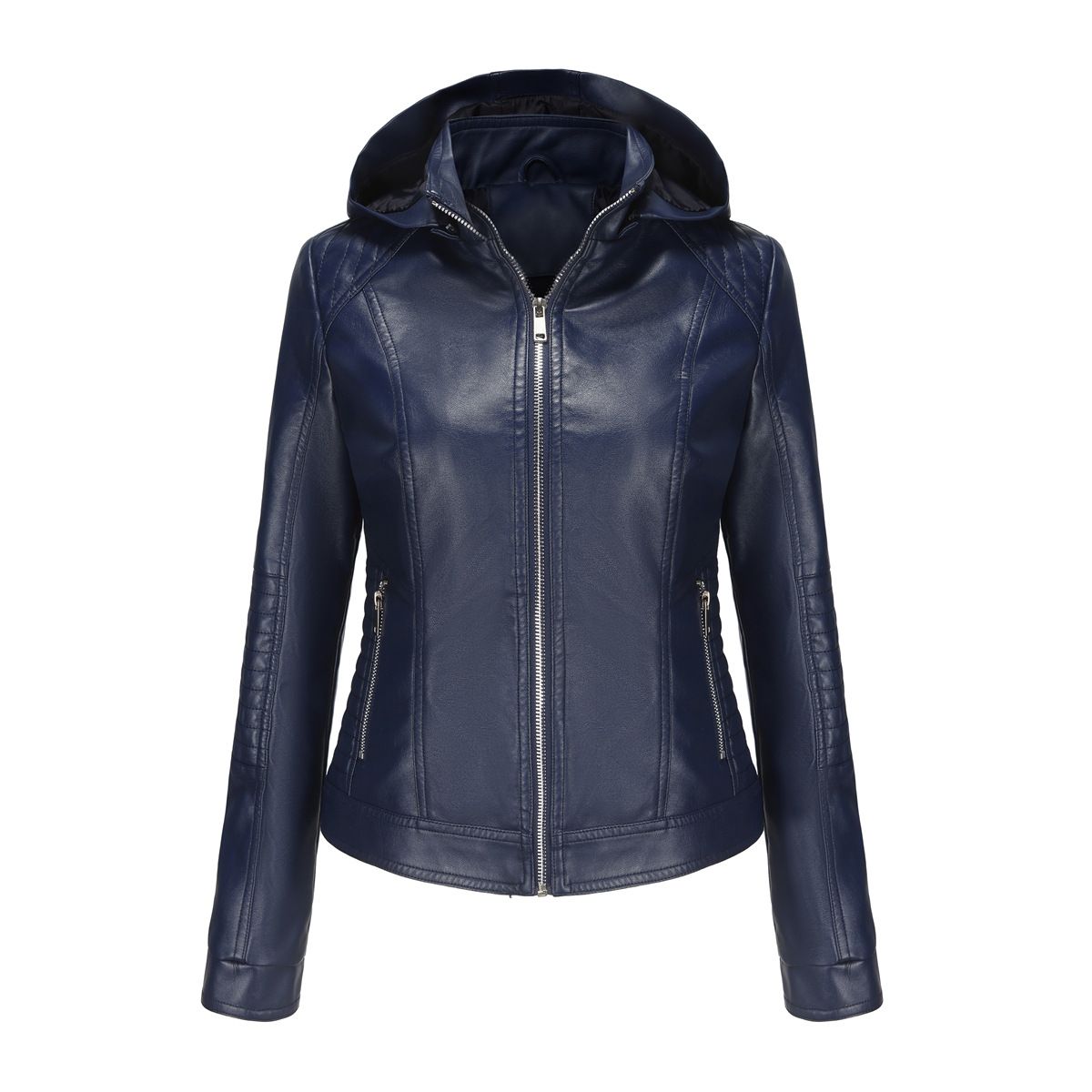 TIOZONEY - Chaqueta de PU con gorro desmontable para mujer - Azul